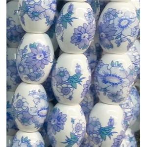 blue and white Porcelain Beads, barrel, 11x16mm, 25pcs per st