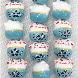 aqua Oriental Porcelain beads, fortune cat, approx 13-14mm, 25pcs per st