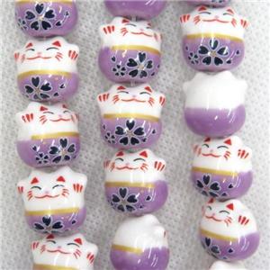 purple Oriental Porcelain beads, fortune cat, approx 13-14mm, 25pcs per st