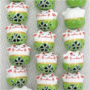 green Oriental Porcelain beads, fortune cat, approx 13-14mm, 25pcs per st