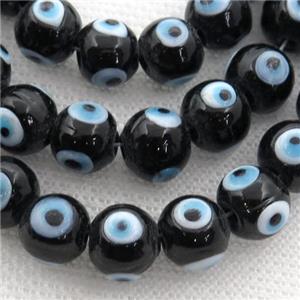 handmade black Lampwork Glass round Beads with evil eye, approx 10mm dia