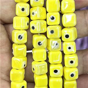 yellow Porcelain cube beads, evil eye, electroplated, approx 8mm dia, 45pcs per st