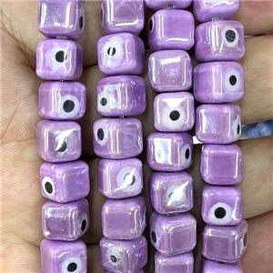 purple Porcelain cube beads, evil eye, electroplated, approx 8mm dia, 45pcs per st