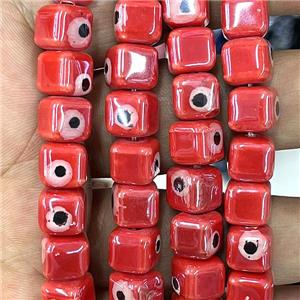 red Porcelain cube beads, evil eye, electroplated, approx 8mm dia, 45pcs per st