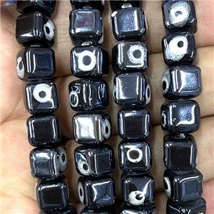 black Porcelain cube beads, evil eye, electroplated, approx 8mm dia, 45pcs per st
