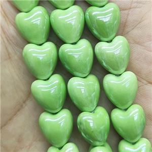 green Porcelain heart beads, electroplated, approx 12mm, 30pcs per st