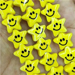 Yellow Porcelain Star Beads Smile Emoji, approx 15mm, 25pcs per st