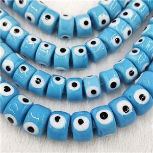 Blue Lampwork Glass Heishi Beads With Evil Eye, approx 6x9mm
