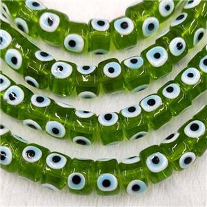 Green Lampwork Glass Heishi Beads With Evil Eye, approx 6x9mm