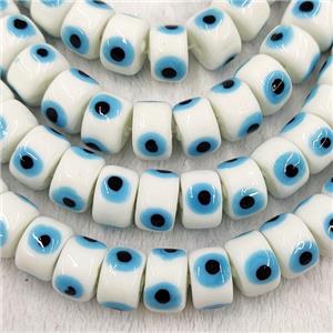 White Lampwork Glass Heishi Beads With Evil Eye, approx 6x9mm