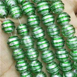 Larmwork Glass Beads With Silver Foil Round Green Line, approx 12mm dia