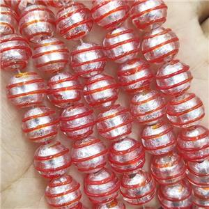 Larmwork Glass Beads With Silver Foil Round Red Line, approx 12mm dia