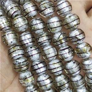 Larmwork Glass Beads With Silver Foil Round Line Gray, approx 12mm dia