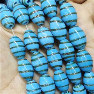 Blue Lampwork Glass Beads Rice Gold Foil, approx 10-16mm