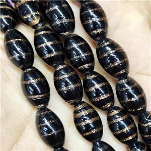 Black Lampwork Glass Beads Rice Gold Foil, approx 10-16mm