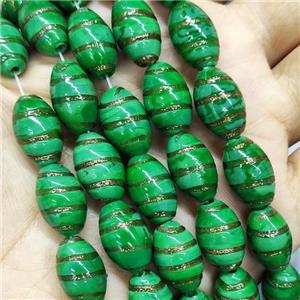 Green Lampwork Glass Rice Beads Gold Foil, approx 10-16mm