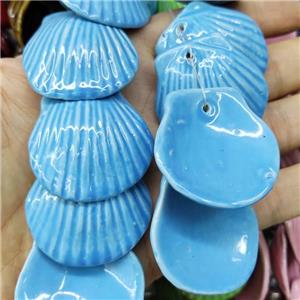 Blue Porcelain Pendant Scallop Shell Shape, approx 35-37mm, 10pcs per st