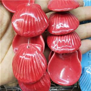 Red Porcelain Pendant Scallop Shell Shape, approx 35-37mm, 10pcs per st