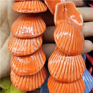 Orange Porcelain Pendant Scallop Shell Shape, approx 35-37mm, 10pcs per st