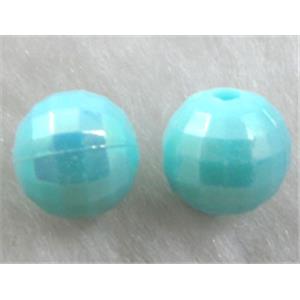 Resin Beads, faceted round, aqua AB-Color, 12mm dia, approx 1200pcs