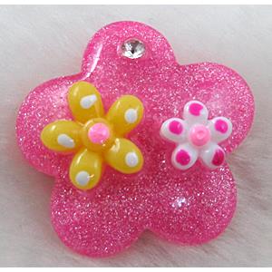 Resin Cabochon, flower, flat-back, hot-pink, approx 29mm dia
