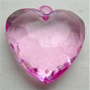 Acrylic Pendant, heart, faceted, transparent, hot-pink, 30mm wide, 144 beads approx