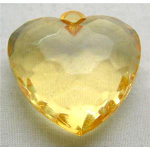 Acrylic Pendant, heart, faceted, transparent, yellow, 30mm wide, 144 beads approx