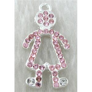 Alloy pendants paved Pink rhinestone, silver plated, 20x32mm, 46pcs rhinestone