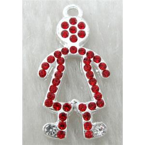Alloy pendants paved red rhinestone, silver plated, 20x32mm, 46pcs rhinestone