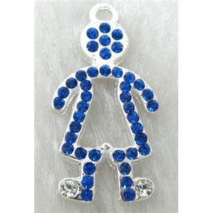 Alloy pendants paved blue rhinestone, silver plated, 20x32mm, 46pcs rhinestone
