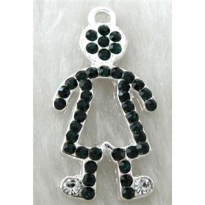 Alloy pendants paved black rhinestone, silver plated, 20x32mm, 46pcs rhinestone