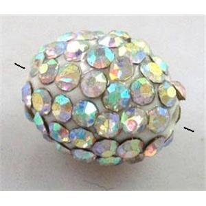 Resin bead pave rhinestone, oval, white AB-color, 10x12mm, 2mm hole