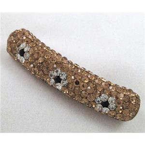 Fimo tube bead pave rhinestone, gold champagne, 10x47mm, approx 4.5mm hole