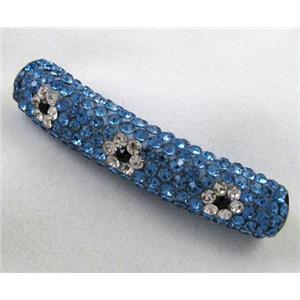 Fimo tube bead pave rhinestone, blue, 10x47mm, approx 4.5mm hole