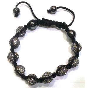 Bracelet, polymer clay beads paved mid-east rhinestone, grey, 10mm dia, approx 7-9 Inch length