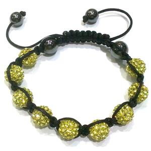 Bracelet, fimo polymer clay beads paved mid-east rhinestone, yellow, 10mm dia, approx 7-9 Inch length