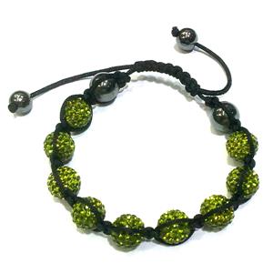 Bracelet, polymer clay beads paved mid-east rhinestone, olive, 10mm dia, approx 7-9 Inch length