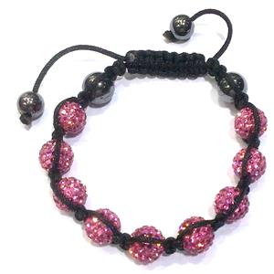 Bracelet, fimo polymer clay beads paved mid-east rhinestone, pink, 10mm dia, approx 7-9 Inch length