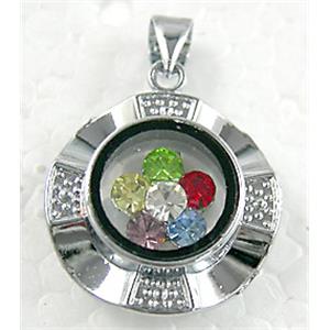 mixed color Mideast rhinestone pendant, rotary, copper, platinum plated, 17mm dia