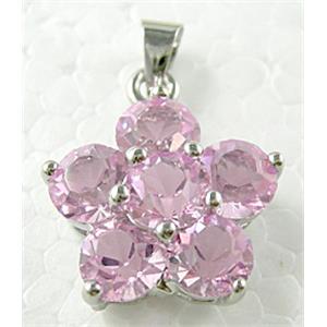 pink Mideast rhinestone flower pendant, copper, platinum plated, 18mm dia