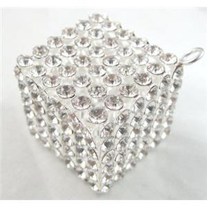 Middle East Rhinestone Pendant for earring, Cube, silver plated, approx 28x28x28mm