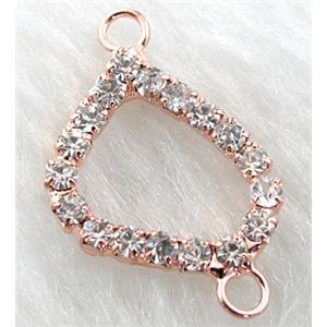 heart connector, copper, paved rhinestone, rose-gold, 15x24mm