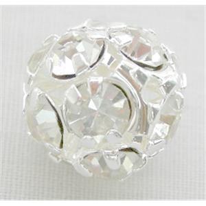 White Middle East Rhinestone Beads, round, silver plated, 10mm diameter