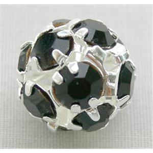 black Middle East Rhinestone Beads, round, silver plated, 12mm diameter
