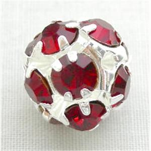 red Middle East Rhinestone Beads, round, silver plated, 12mm diameter