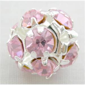 pink Middle East Rhinestone Beads, round, silver plated, 12mm diameter