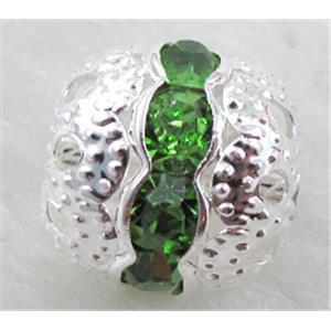 Rhinestone, copper round bead, silver plated, green, 10mm dia