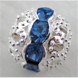 Rhinestone, copper round bead, silver plated, blue, 8mm dia