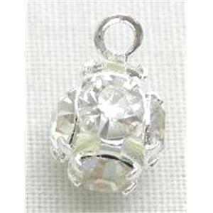 Middle East Rhinestone Pendant, round ball, white, silver plated, 6mm dia