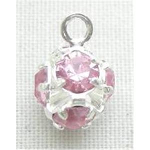 pink Middle East Rhinestone Pendant, round ball, silver plated, 6mm dia